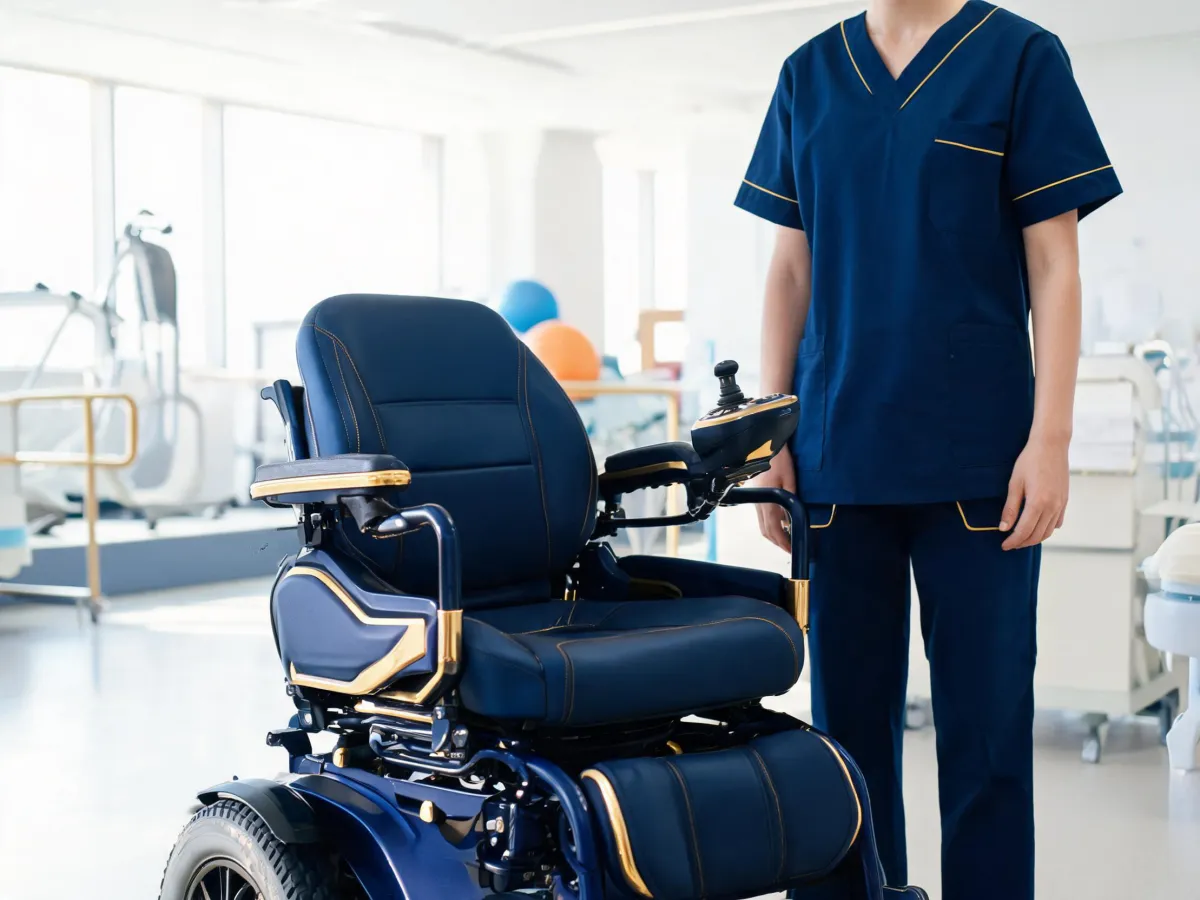 Permobil power wheelchair in clinical rehab suite